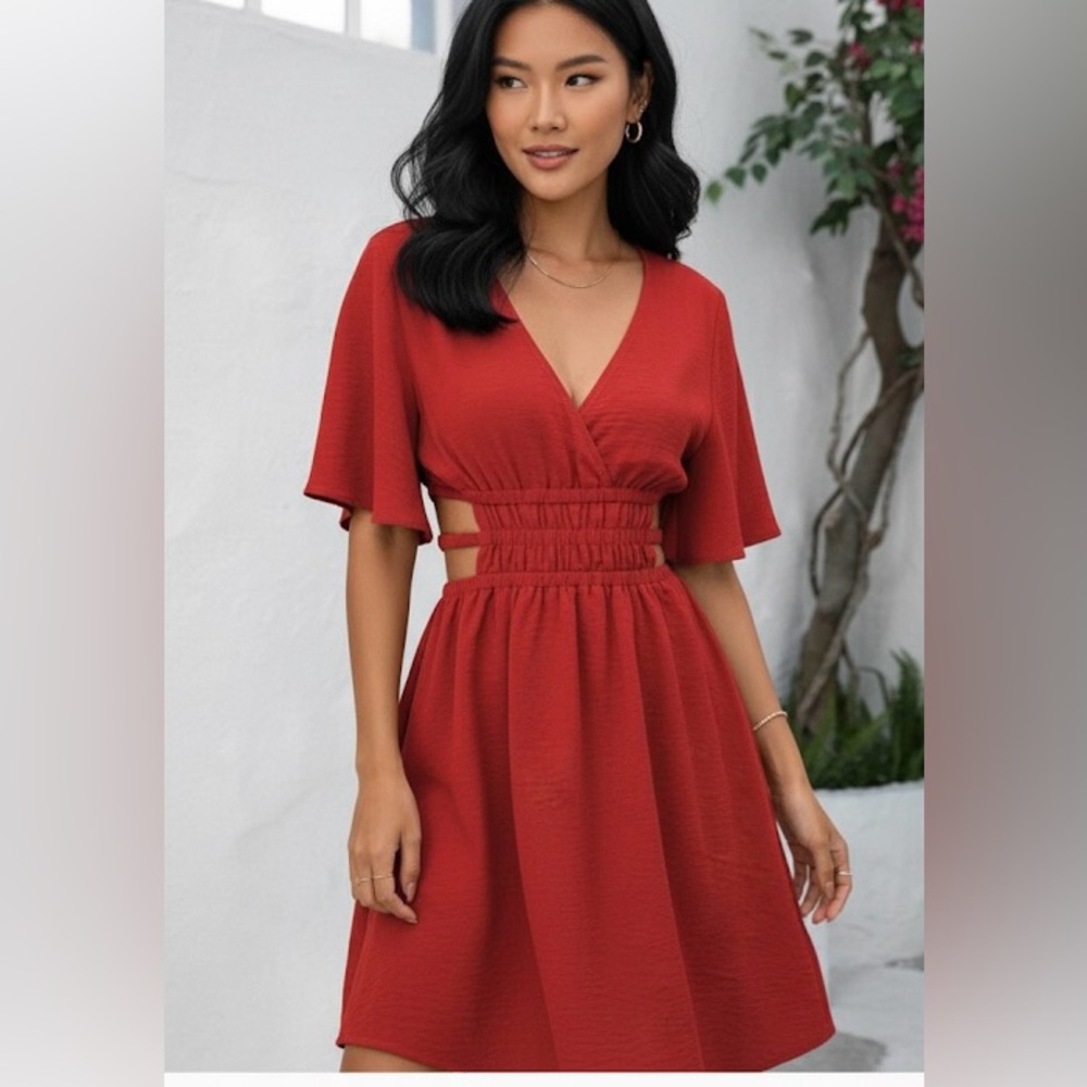 Red Small Cut Out Side Bat Wing Dress V Fit Flare Nwot